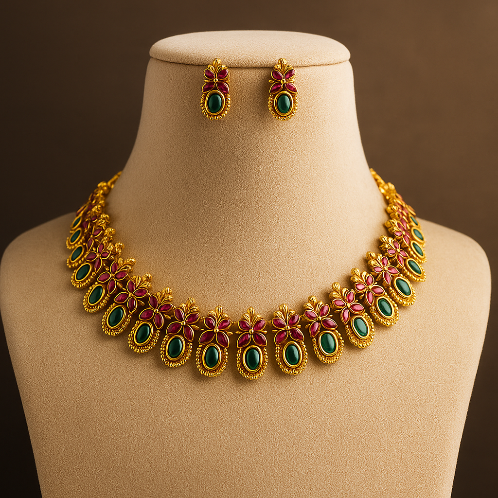 Traditional Gold-Plated Necklace Set with Green Enamel Flowers and Ruby Stones