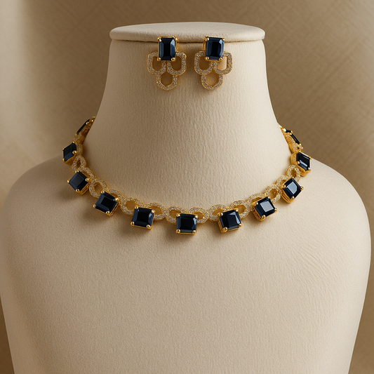 Elegant Gold-Toned Necklace and Earrings Set with Black Stones