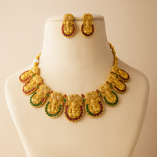 Traditional Gold-Plated Temple Necklace Set with Ruby and Emerald Stones