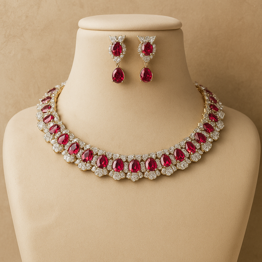 Wine and Silver American Diamond Necklace Set