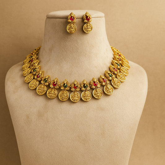 Traditional Temple Coin Necklace Set with Earrings, Gold-Plated, Ruby and Emerald Accents