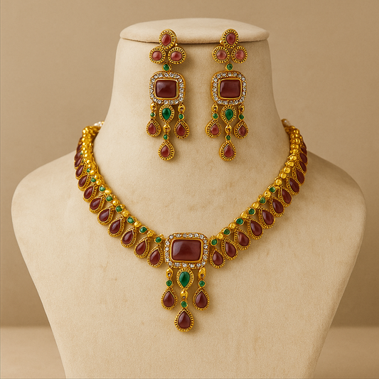 Traditional Gold-Plated Necklace Set with Ruby Red and Emerald Green Stones