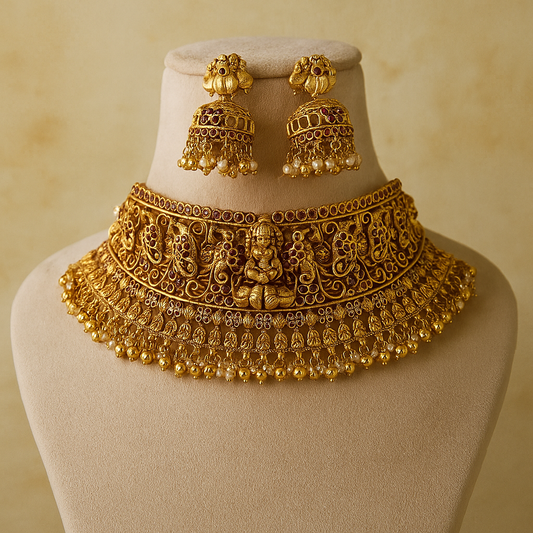 Traditional Gold-Plated Temple Choker Necklace Set with Jhumka Earrings