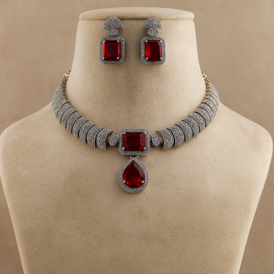 Luxury Crystal Necklace and Earrings Set with Red Gemstones