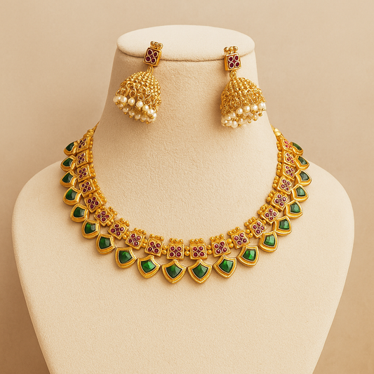 Traditional Gold-Plated Necklace Set with Green Emerald Stones