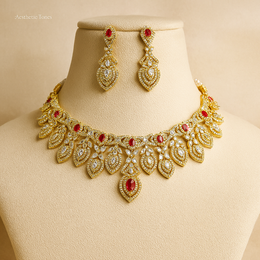 Elegant Gold-Plated Necklace Set with Ruby Stones, Traditional Drop Earrings, Leaf Pattern Design