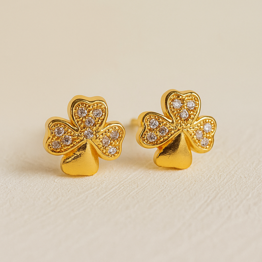 Gold-Plated Clover Stud Earrings with Sparkling Stones
