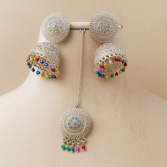 Traditional Silver-Plated Jhumka Earrings with Maang Tikka