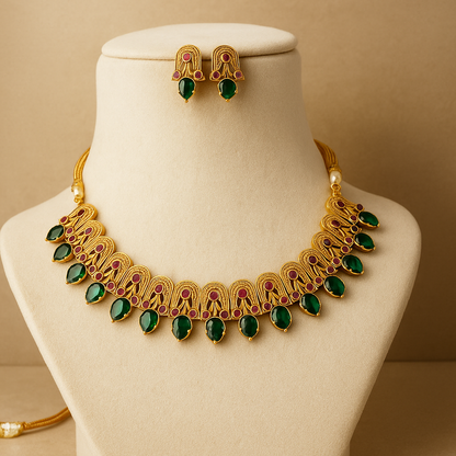 Elegant Gold-Plated Necklace Set with Green Emerald and Purple Crystal Stones
