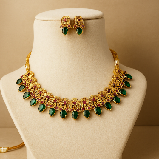 Elegant Gold-Plated Necklace Set with Green Emerald and Purple Crystal Stones