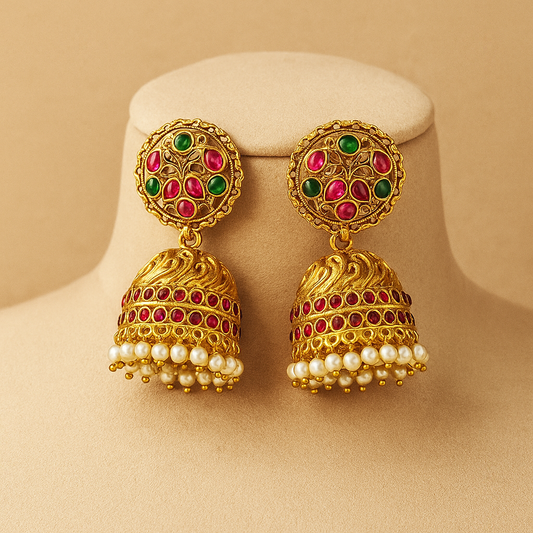 Traditional Gold-Plated Jhumka Earrings with Pearl Drops