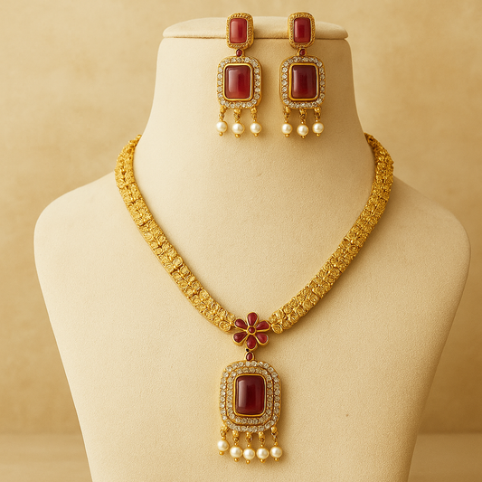 Elegant Gold-Toned Necklace Set With Crystal Pendant