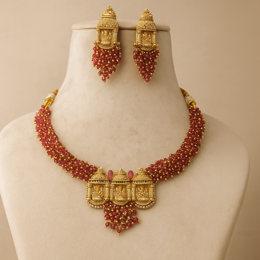 Traditional Temple Design Gold-Plated Ruby Necklace and Earrings Set