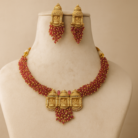 Traditional Temple Design Gold-Plated Ruby Necklace and Earrings Set