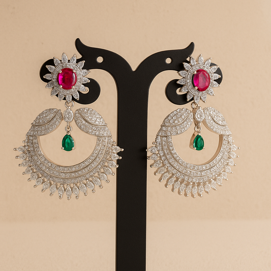 Sterling Silver Chandelier Earrings with Ruby and Emerald Stones