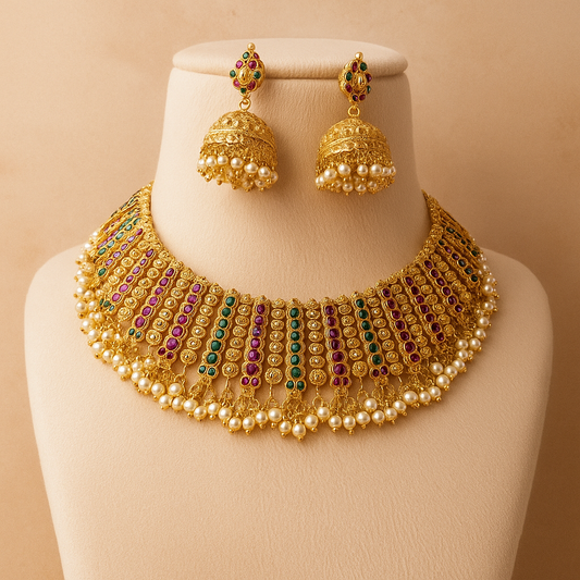 Traditional Gold-Plated Choker Necklace Set with Pearl and Multi-Colour Stones, Jhumka Earrings