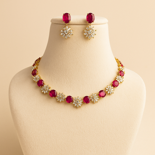 Pink and gold necklace paired with matching earrings