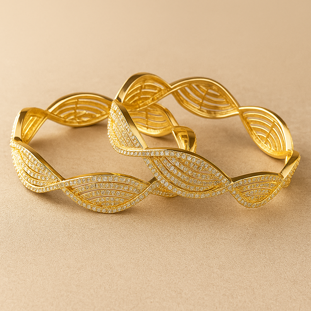Luxury Crystal-Studded Gold Bangles, Twisted Infinity Design