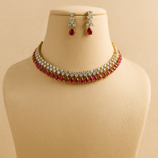 Pink Color American Diamond (AD) Studded Fashionable Necklace With Earrings