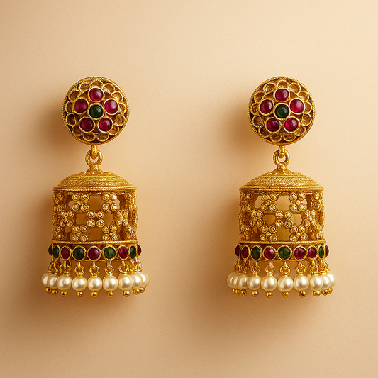 Traditional Gold-Plated Jhumka Earrings with Pearl Drops