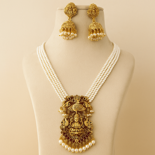 Pearl Temple Necklace Set for Women | Antique Gold Lakshmi Bridal Jewellery