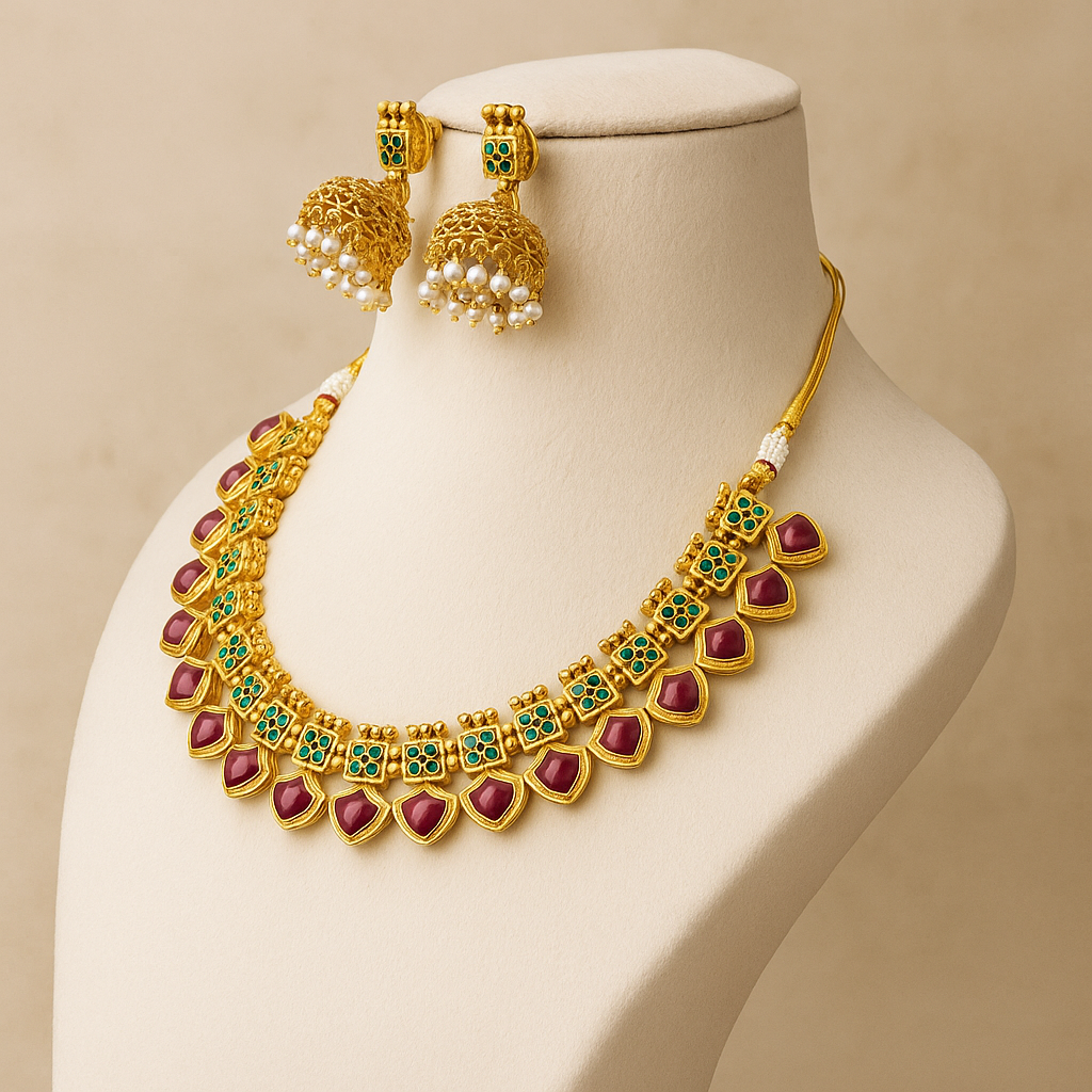 Traditional Gold-Plated Necklace Set with Green Emerald Stones
