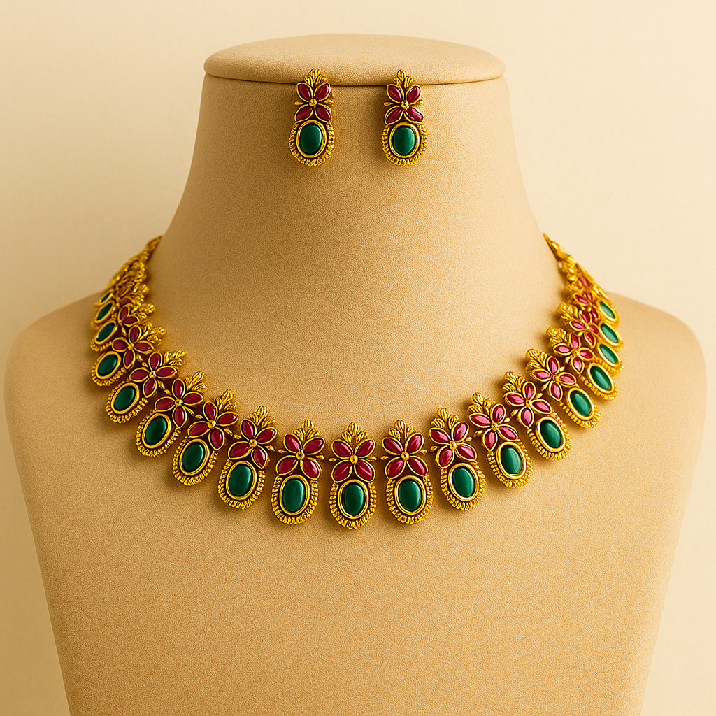 Traditional Gold-Plated Necklace Set with Green Enamel Flowers and Ruby Stones