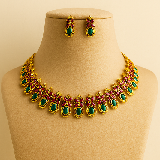 Traditional Gold-Plated Necklace Set with Green Enamel Flowers and Ruby Stones