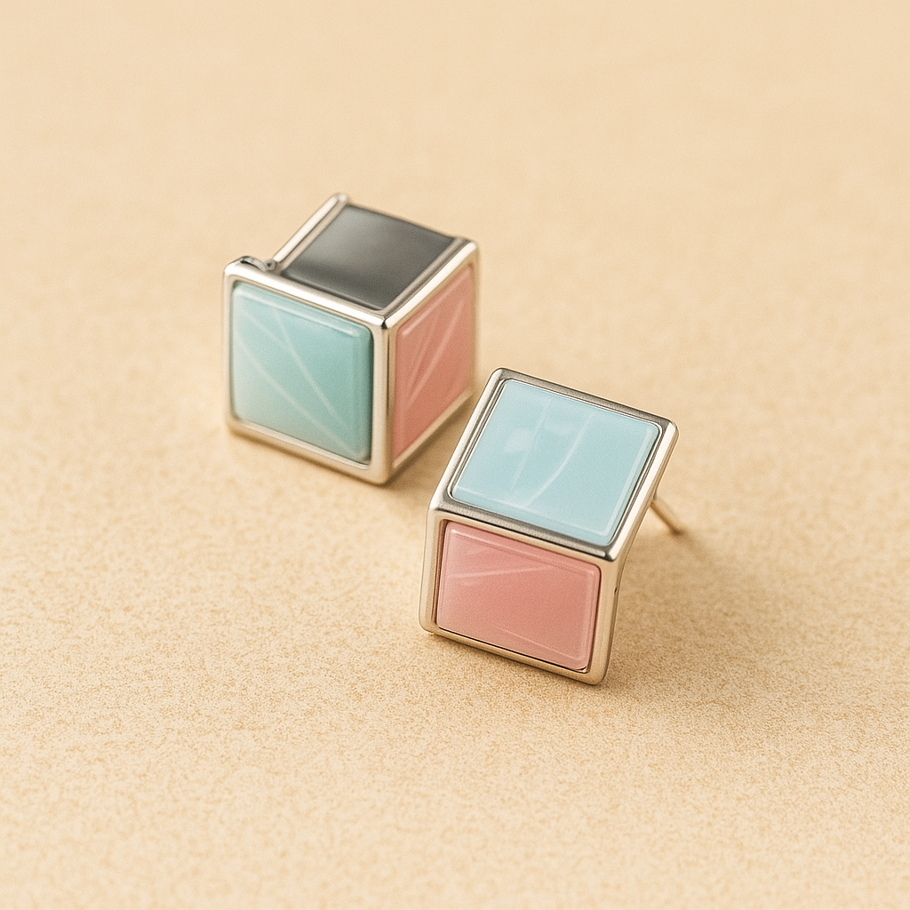 Minimalist Square Stud Earrings, Pink and Blue Duo-Tone, Silver-Plated