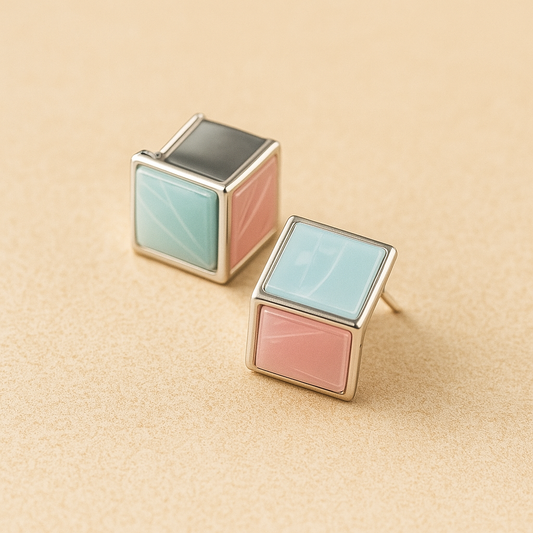 Minimalist Square Stud Earrings, Pink and Blue Duo-Tone, Silver-Plated