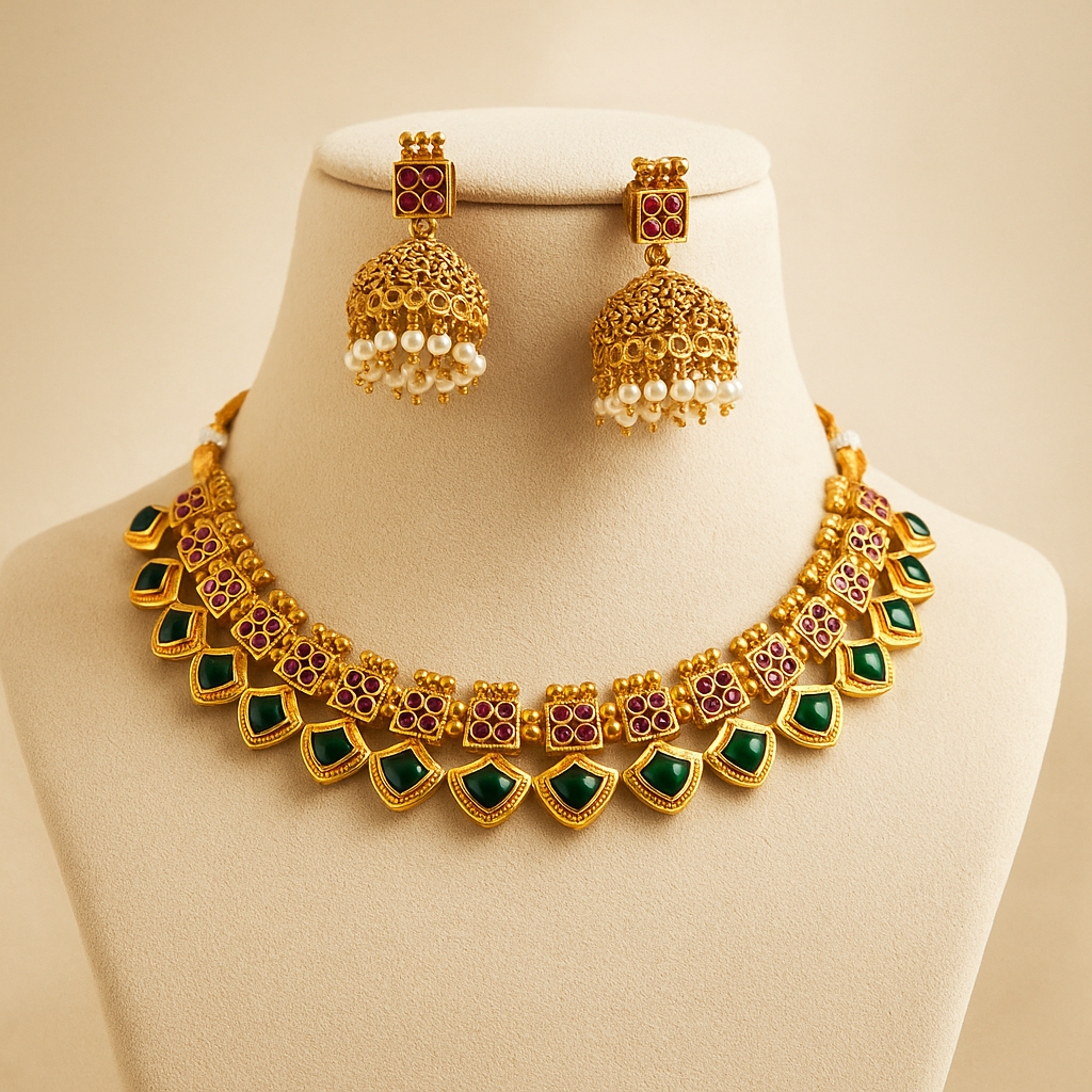 Traditional Gold-Plated Necklace Set with Green Emerald Stones