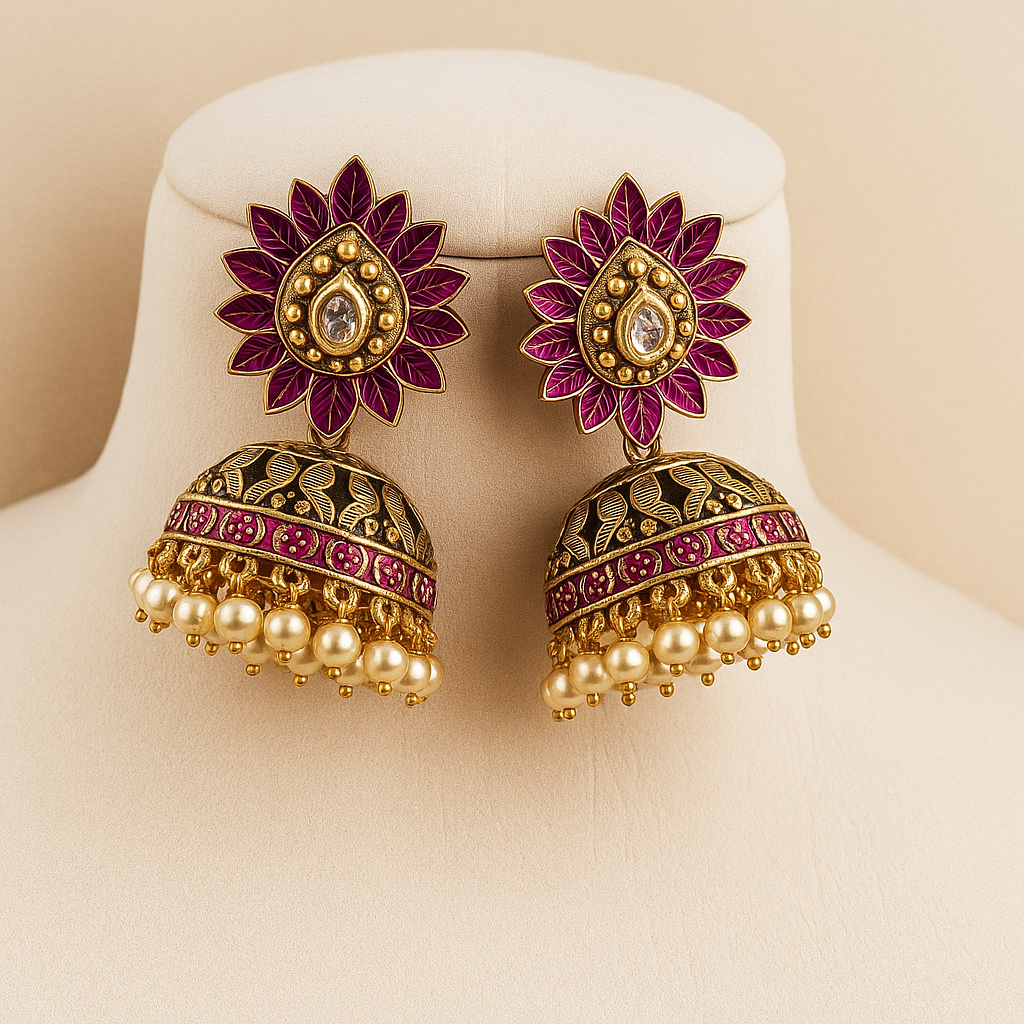 Traditional Pink Lotus Jhumka Earrings