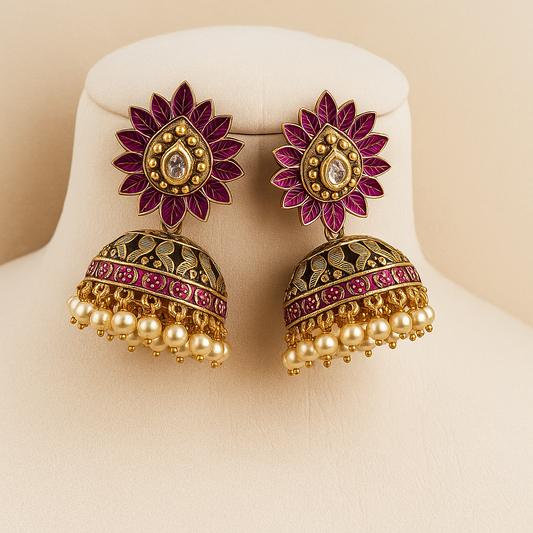 Traditional Pink Lotus Jhumka Earrings