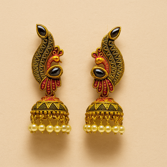 Elegant Gold Peacock Jhumka Earrings – Traditional Ethnic Jewellery