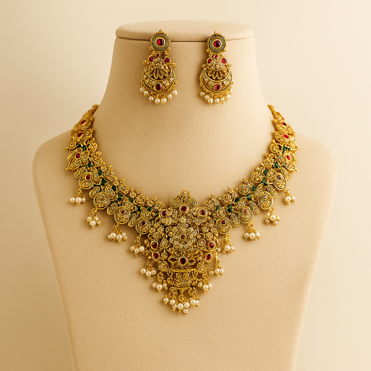 Traditional Temple Jewellery Necklace Set for Women | Antique Bridal Design with Pearls