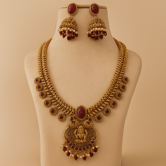 Traditional Gold-Plated Temple Necklace Set with Pearl and Ruby Stones