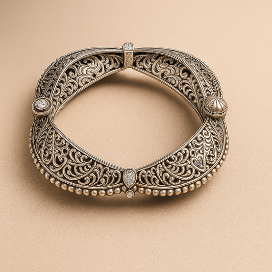 Vintage Style Sterling Silver Bangle Bracelet with Filigree Design