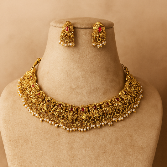 Traditional Gold-Plated Necklace Set with Pearl Drops