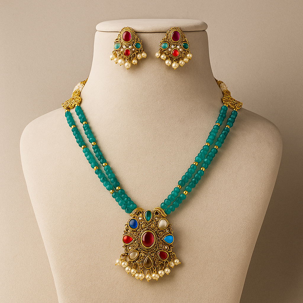 Matt finish Navratna pendant with agates beads  choker