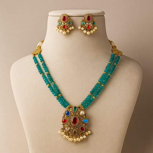 Matt finish Navratna pendant with agates beads  choker