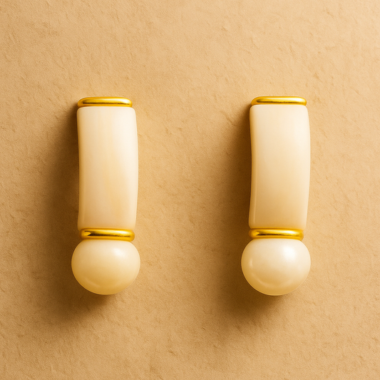 Elegant Pearl Drop Earrings, White and Gold, Cylindrical Design