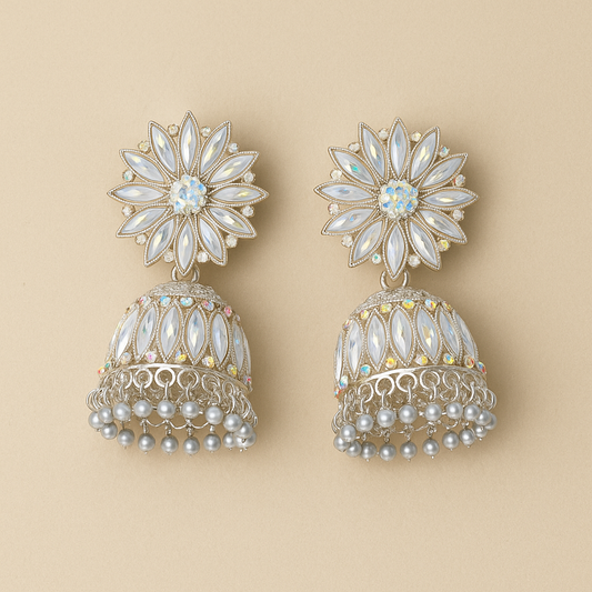 Crystal Flower Jhumka Earrings, Silver-Plated, Pearl Beaded, Multicolour Stone
