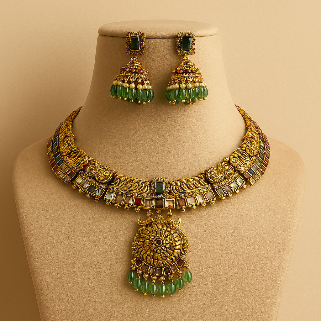 Traditional Gold Plated Necklace Set for Women | Bridal Jewellery with Green Beads