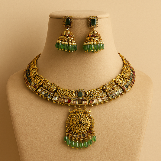 Traditional Gold Plated Necklace Set for Women | Bridal Jewellery with Green Beads