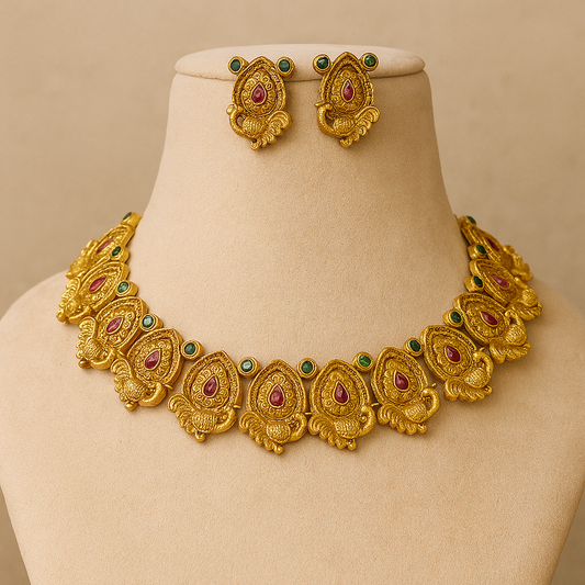 Antique Gold Necklace Set with Green and Purple Stones