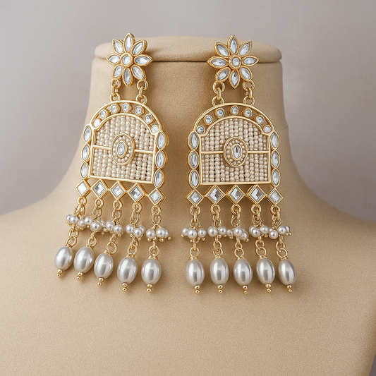 Vintage Crystal Pearl Chandelier Earrings, Gold-Tone Floral Design