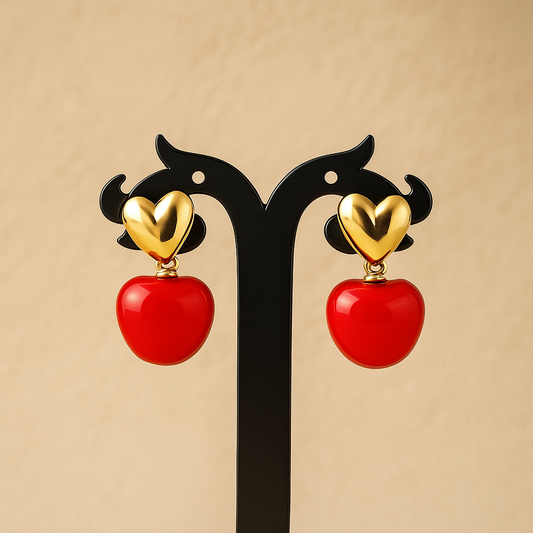Red Apple and Gold Heart Drop Earrings