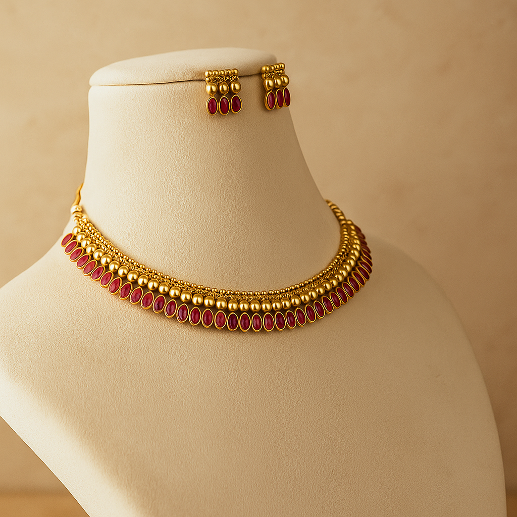 Traditional Gold-Plated Necklace Set with Ruby Red Stones