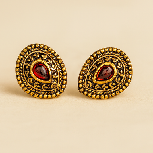 Antique Gold-Plated Teardrop Stud Earrings with Red Stone