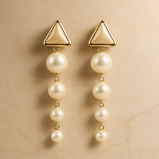 Elegant Pearl Drop Earrings, Triangle Stud with 4 Pearl Beads, Gold-Toned, White
